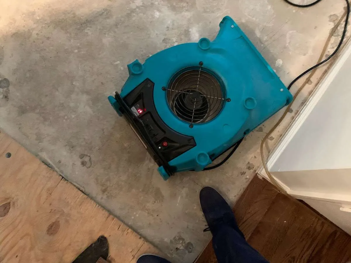 Air mover drying subfloor during Leak Detection & Repair in Destrehan